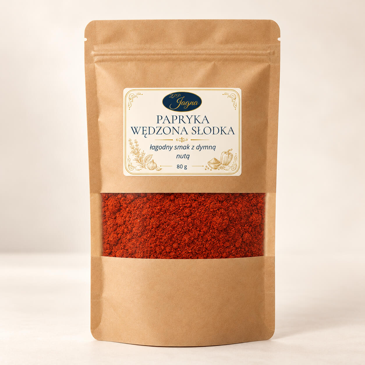 Przód opakowania z wędzoną słodką papryką ZPP Jagna 80 g na jasnym tle