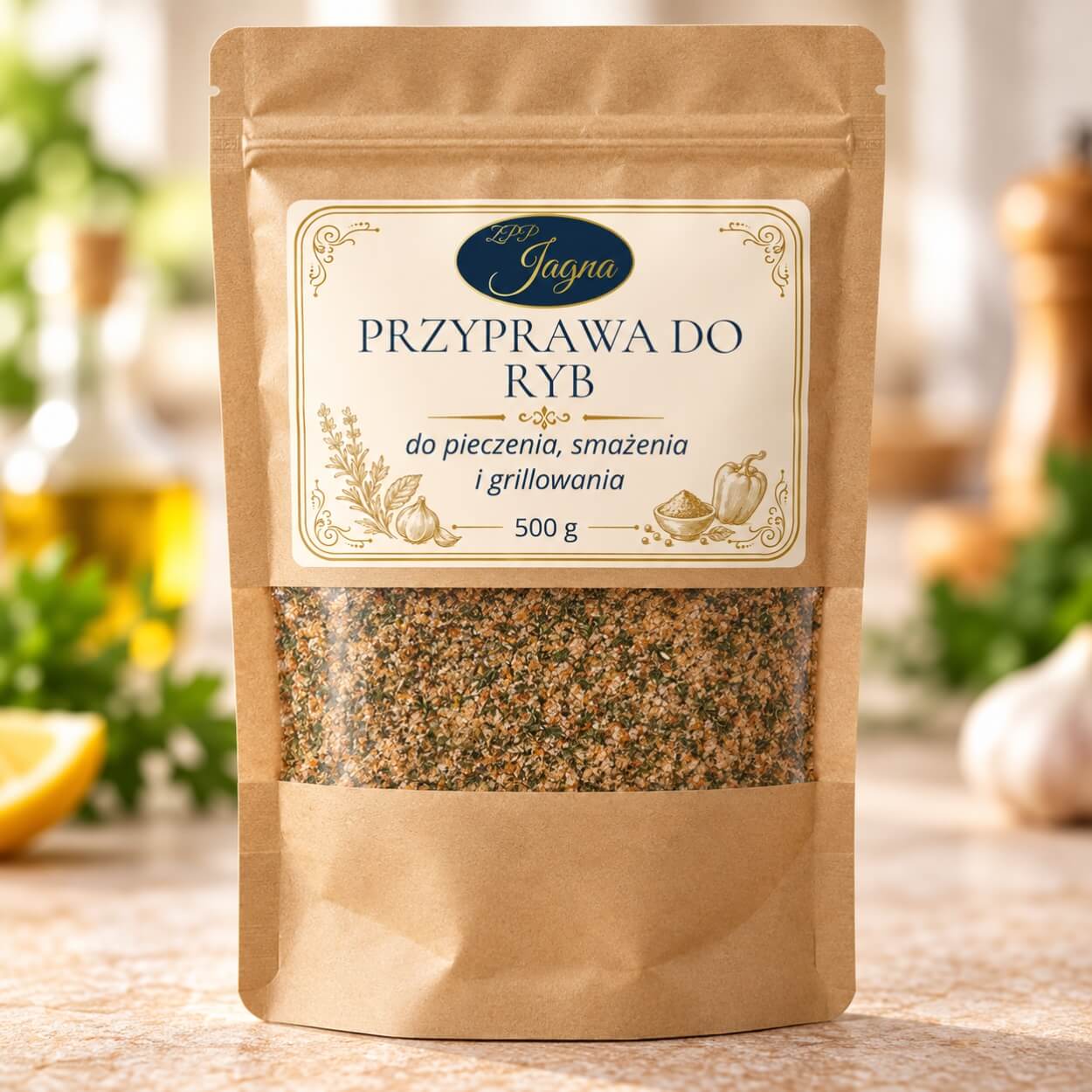 Opakowanie przyprawy do ryb ZPP Jagna 500 g na blacie z cytryną, czosnkiem i ziołami w tle