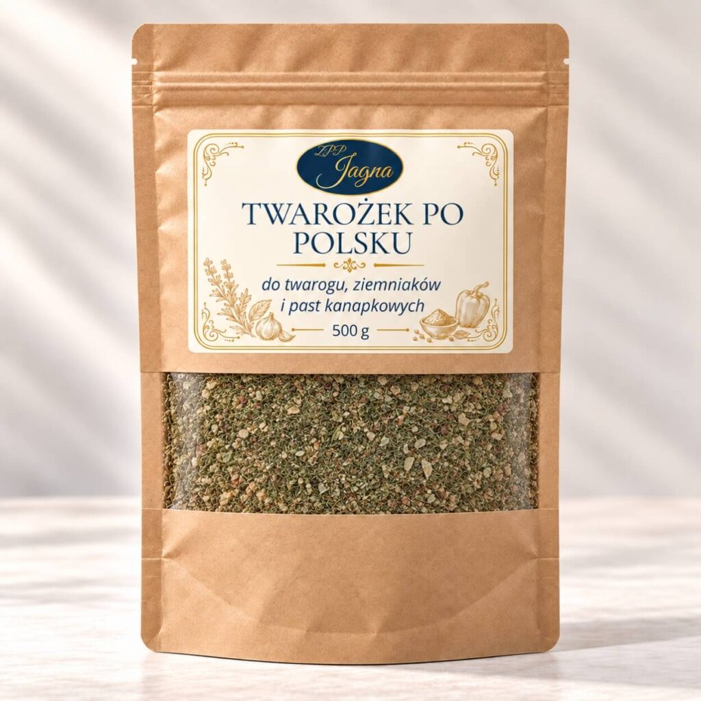 Opakowanie przyprawy Twarożek po Polsku 500 g ZPP Jagna na jasnym drewnianym blacie