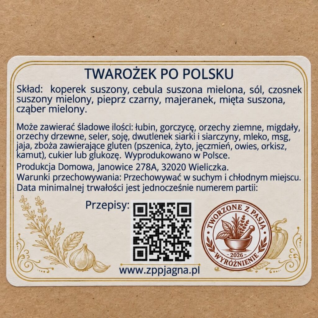Zbliżenie etykiety przyprawy Twarożek po Polsku ze składem i informacjami o alergenach