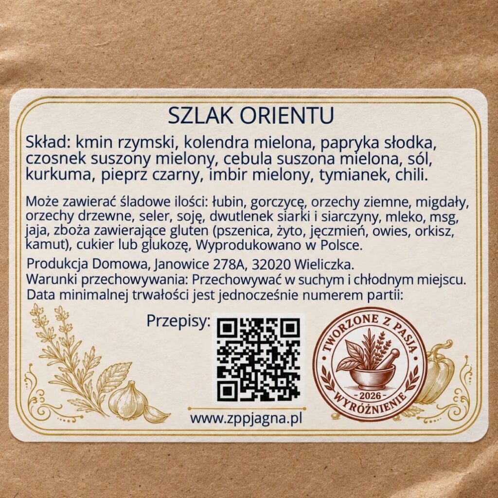 Zbliżenie etykiety Szlak Orientu ze składem, informacją o alergenach i warunkami przechowywania