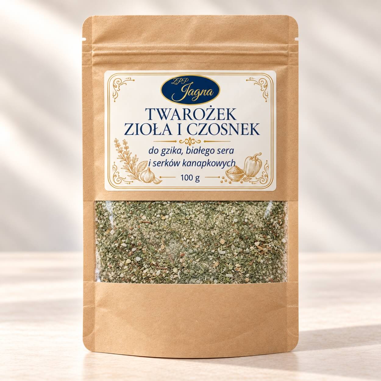 Przyprawa Twarożek Zioła i Czosnek 100 g w papierowej torebce na jasnym blacie