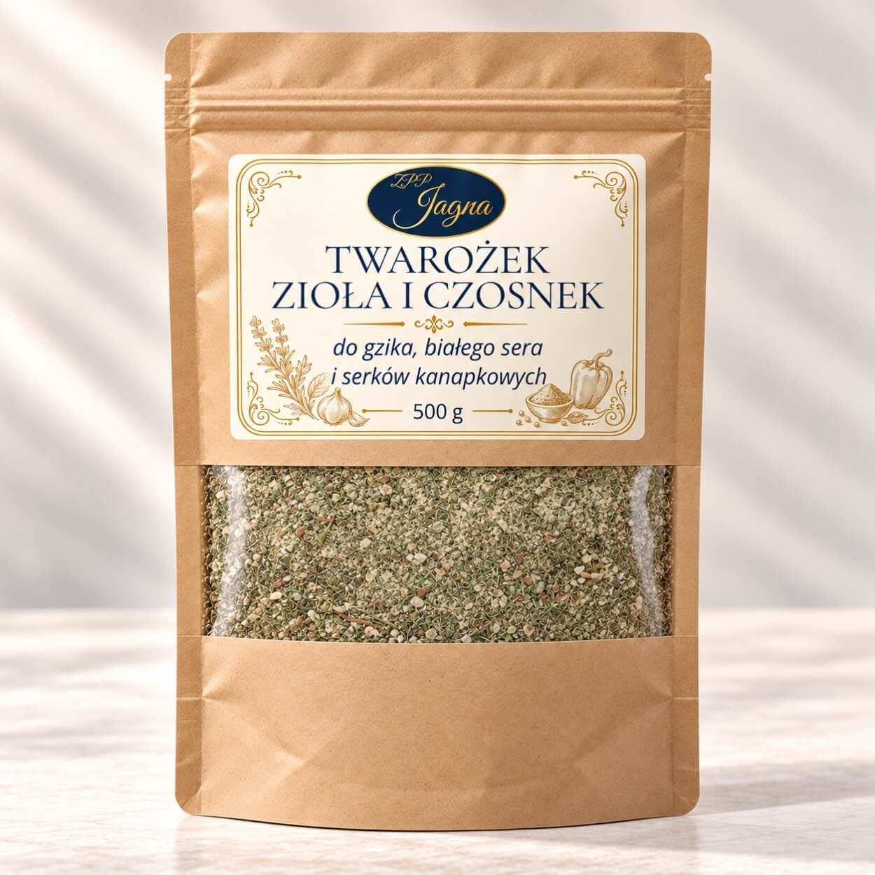 Przyprawa Twarożek Zioła i Czosnek 500 g w papierowej torebce na jasnym blacie