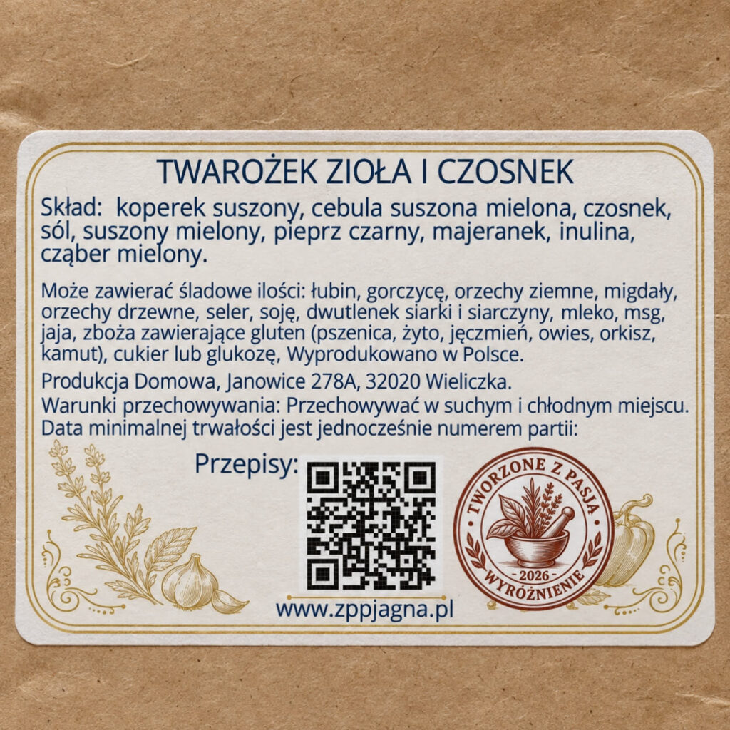 Zbliżenie etykiety przyprawy Twarożek Zioła i Czosnek ze składem i warunkami przechowywania