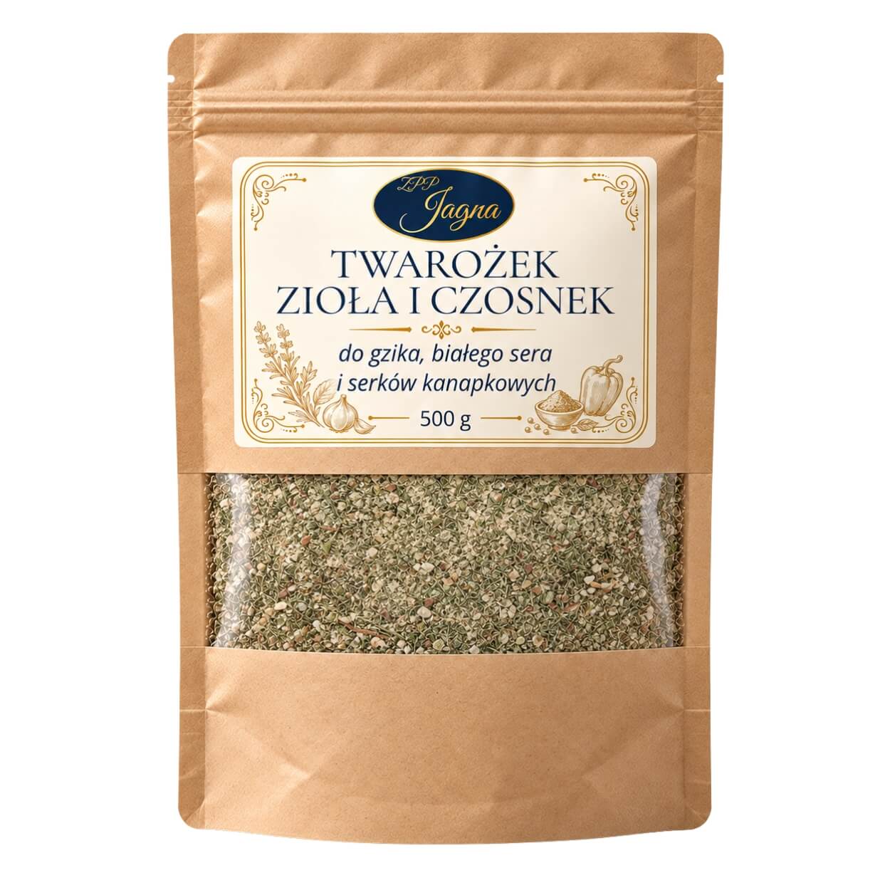 Opakowanie przyprawy Twarożek Zioła i Czosnek 500 g na białym tle