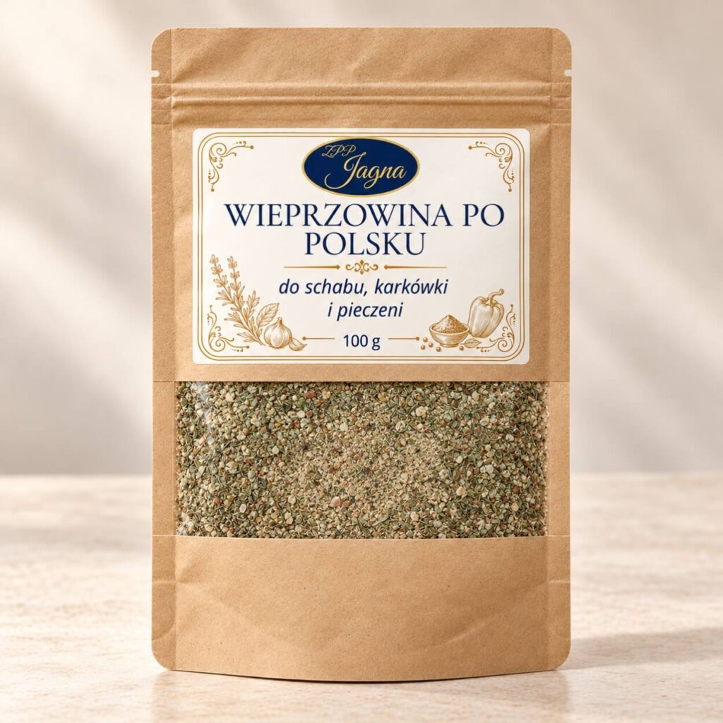 Opakowanie przyprawy Wieprzowina po polsku ZPP Jagna 100 g stojące na jasnym blacie