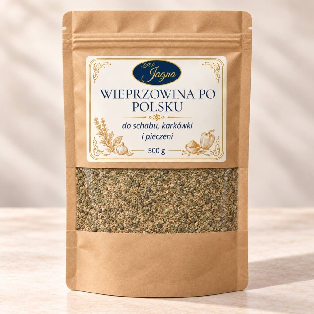 Opakowanie przyprawy Wieprzowina po polsku ZPP Jagna 500 g stojące na jasnym blacie