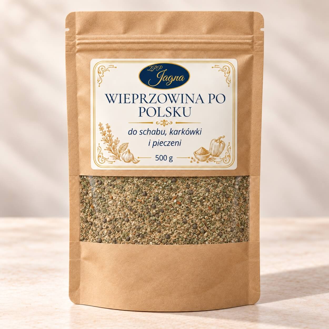 Opakowanie przyprawy Wieprzowina po polsku ZPP Jagna 500 g stojące na jasnym blacie