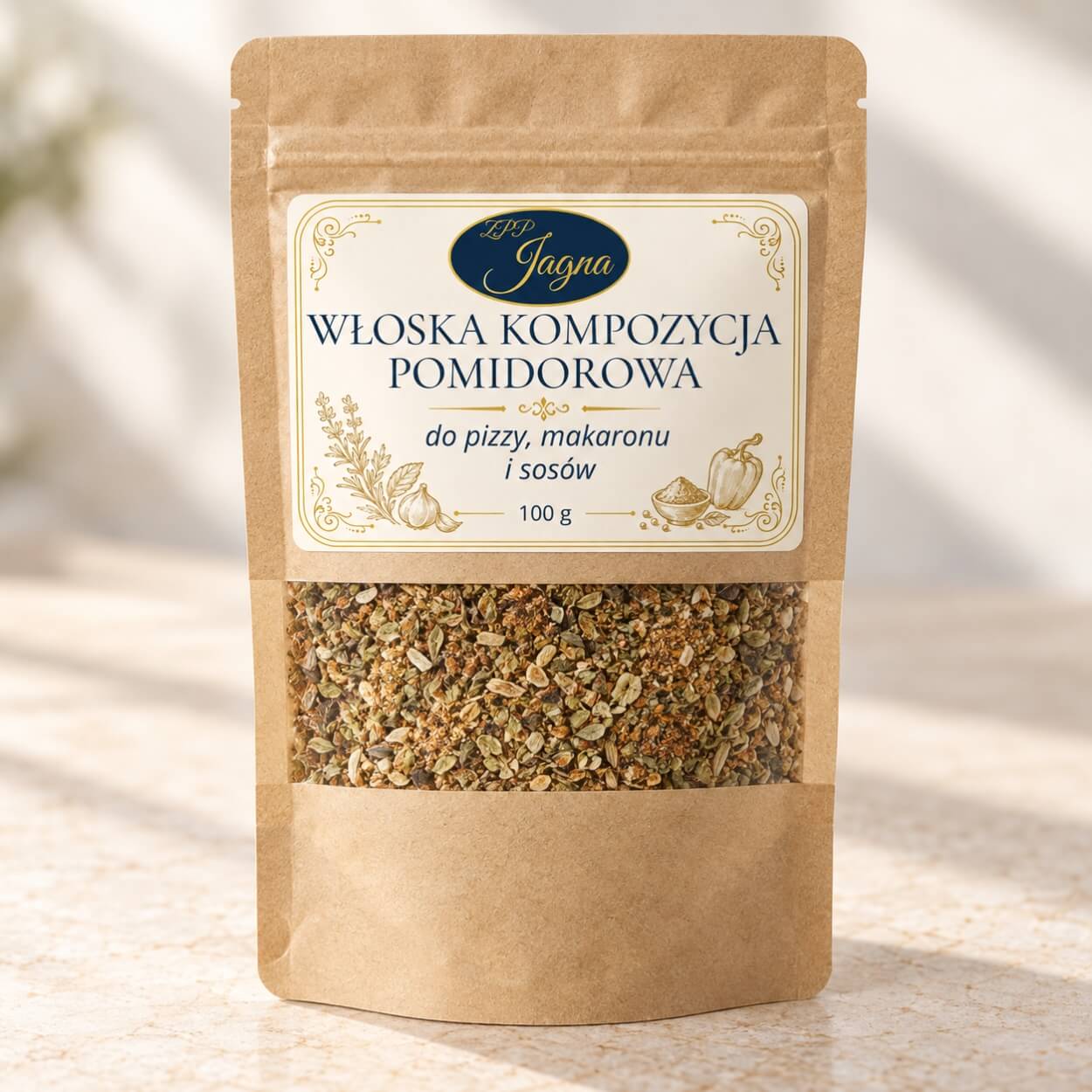 Opakowanie przyprawy Włoska kompozycja pomidorowa ZPP Jagna 100 g stojące na jasnym blacie
