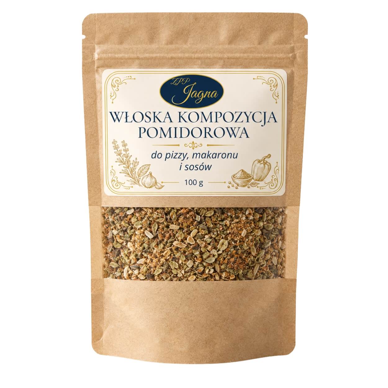 Przyprawa Włoska kompozycja pomidorowa ZPP Jagna 100 g – przód opakowania na białym tle