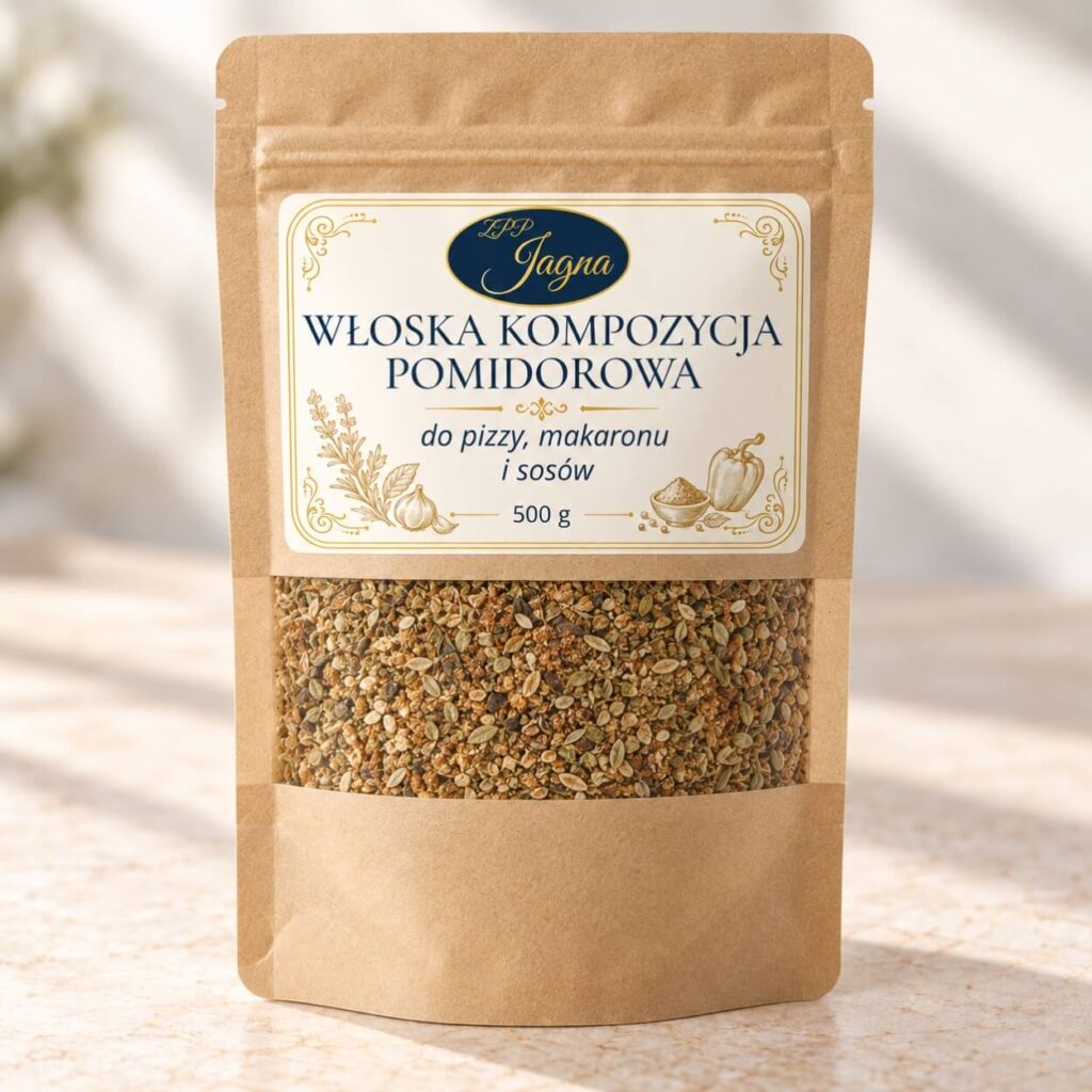 Opakowanie przyprawy Włoska kompozycja pomidorowa ZPP Jagna 500 g stojące na jasnym blacie