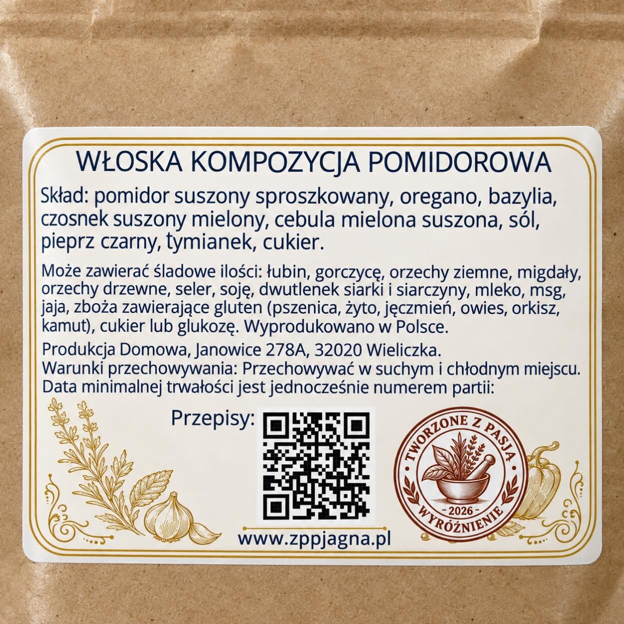 Zbliżenie etykiety Włoska kompozycja pomidorowa ze składem i warunkami przechowywania