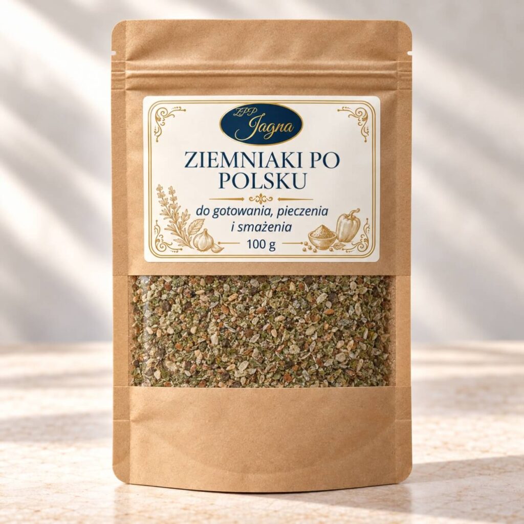 Opakowanie przyprawy Ziemniaki po polsku ZPP Jagna 100 g stojące na jasnym blacie
