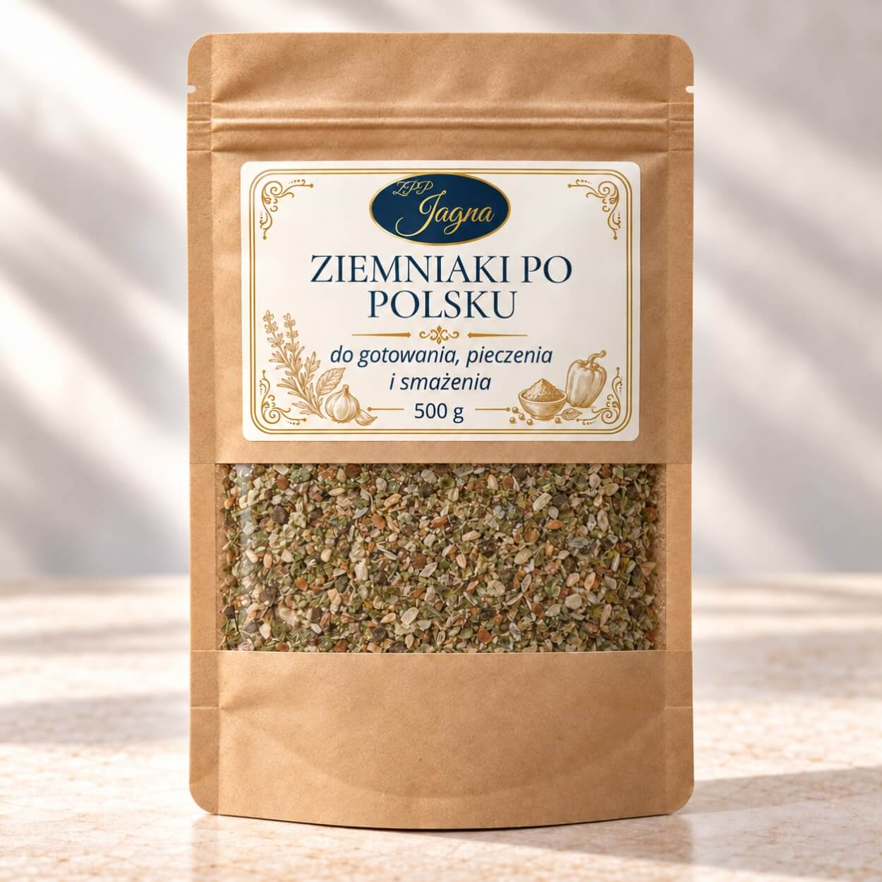 Opakowanie przyprawy Ziemniaki po polsku ZPP Jagna 500 g stojące na jasnym blacie