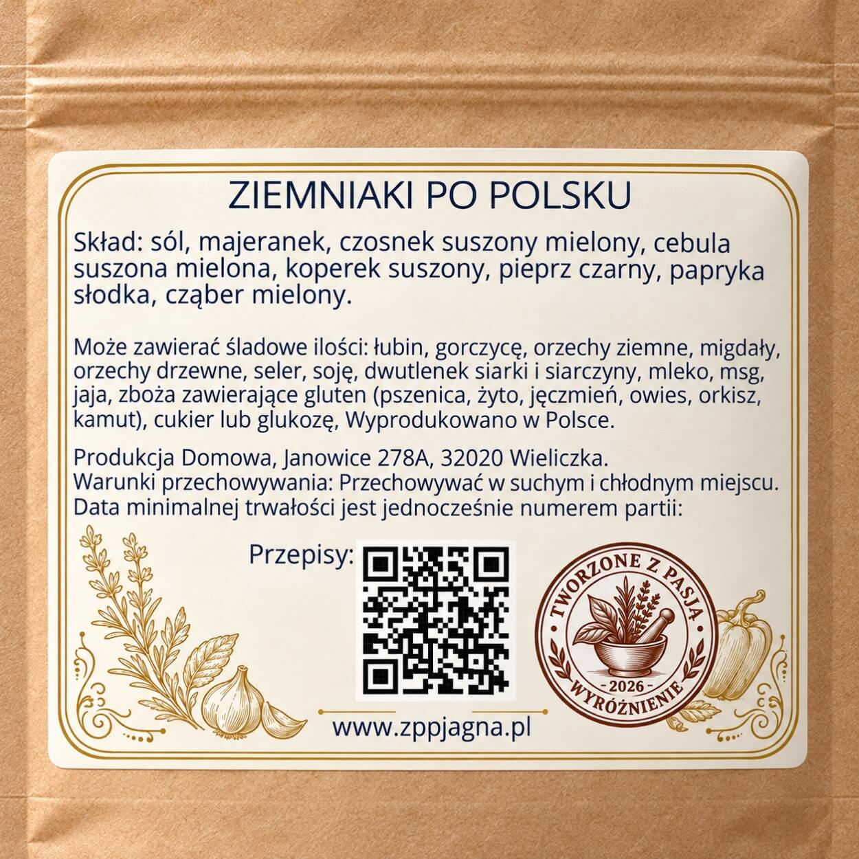 Zbliżenie etykiety Ziemniaki po polsku ze składem, informacją o alergenach i warunkami przechowywania