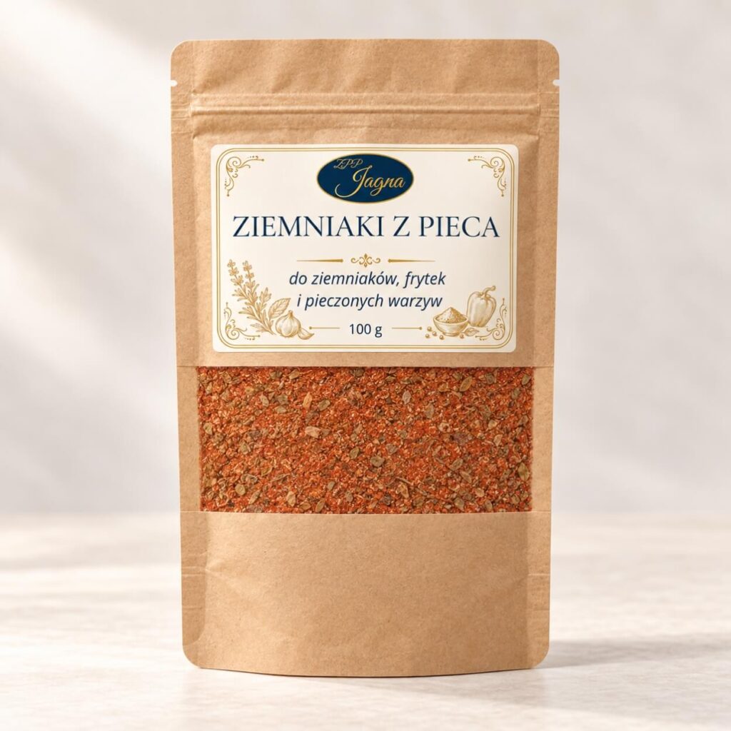 Opakowanie przyprawy Ziemniaki z Pieca 100 g marki ZPP Jagna na jasnym drewnianym blacie