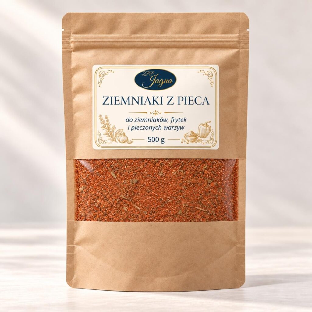 Opakowanie przyprawy Ziemniaki z Pieca 500 g marki ZPP Jagna na jasnym drewnianym blacie