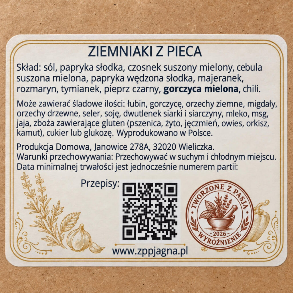 Zbliżenie etykiety przyprawy Ziemniaki z Pieca ze składem, alergenami i informacjami o przechowywaniu